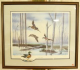 Lot #637 - “Morning Flight” framed print of Wood Ducks signed and number Kevin Snelling 99/300