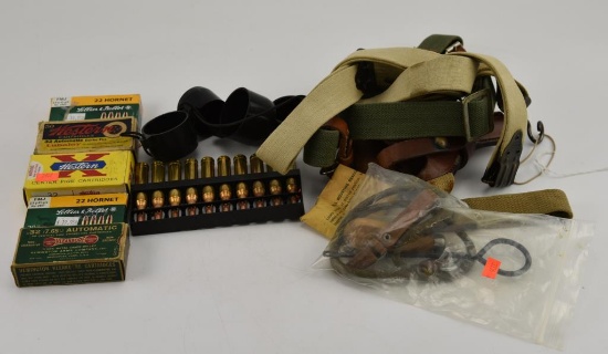 Lot #25 - Bag of Rifle slings and misc. ammo: 10rds of Remington 7mm mag, (3) Partial Boxes of