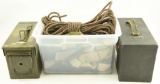 Lot #153 - (2) military grade ammo tins and tote of military grade ropes and harnesses