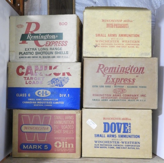 (6) Vintage Cardboard shotshell case boxes: