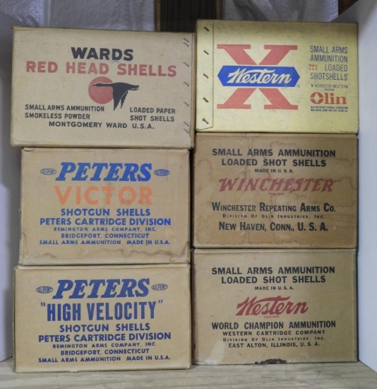 (6) Vintage cardboard shotgun shell case boxes