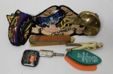 Bag of motorcycle patches, brass duck head,