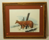 Art Lot: Pair of Foxes In Snow Along Weathered Fence