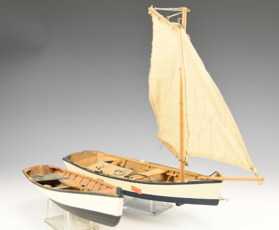 (2) wooden hand crafted boat models 12” and 14"