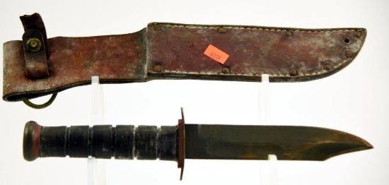 Lot #2068 - Marked U.S. Navy WWII era MK II K a Bar in USN leather sheath Approximately 13” ove