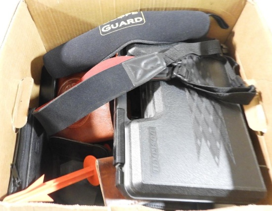Lot #2196 - (2) hard plastic pistol cases, Uncle Mikes Sidekick, Neoprene Scope Cover, leather
