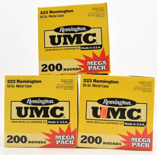 Lot #2253 - (3) Remington UMC 223 Remington 55 grain mega-packs (600 rounds total)