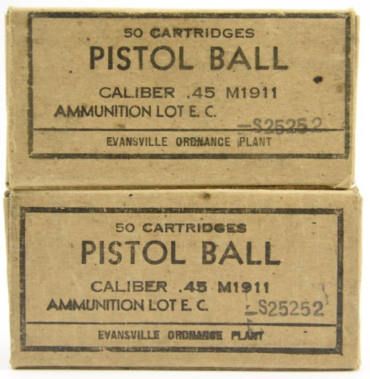 Lot #2296 - (2) boxes of USGI Evansville  Caliber .45 Ball M1911 ammo (approx 100 rounds total)	