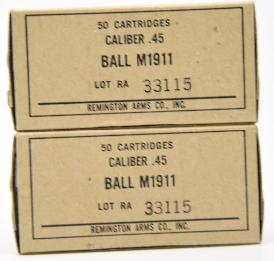 Lot #2301 - (2) boxes of Remington Arms Co. Caliber .45 Ball M1911 ammo (approx 100 rounds total)	