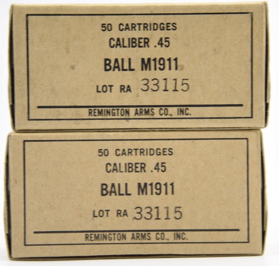 Lot #2302 - (2) boxes of Remington Arms Co. Caliber .45 Ball M1911 ammo (approx 100 rounds total)	