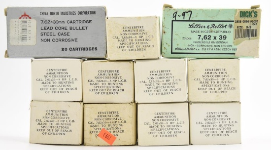 Lot #2320 - (9) boxes of Russian 7.62 x 39mm ammo (approx 180 rounds) and (2) boxes of Norinco 	