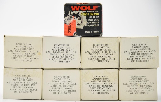 Lot #2322 - (9) Boxes of 20 Rds Ea. 7.63x39mm Rifle Ammo. (8 are Russian Made/1 Is Wolf 126 Grn)	