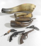 Lot #2210 - (4) Powder Horns in assorted sizee (1) CVA powder measure, (4) miniature gun model