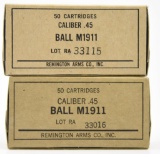 Lot #2297 - (2) boxes of Remington Arms Co. Caliber .45 Ball M1911 ammo (approx 100 rounds total)	