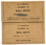 Lot #2300 - (2) boxes of USGI Olin  Caliber .45 Ball M1911 ammo (approx 100 rounds total)	
