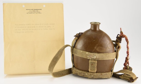 Lot #2345 - Japanese WWII Canteen with original US Navy Receiving Barracks letter of provenance
