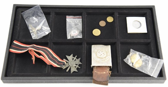 Lot #2346 - Selection of German Nazi WWII memorabilia to include: 1939 War Merit Medal, Belt
