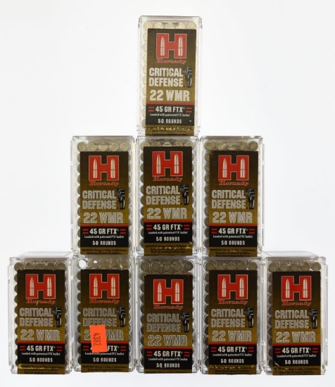 Lot #2388 - 450 Rds +/- Hornady Critical Defense .22 WMR 45 Grn. FTX Rounds (9 Boxes of 50 =