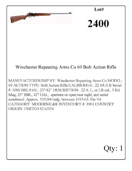 Winchester Repeating Arms Co 69 Bolt Action Rifle
