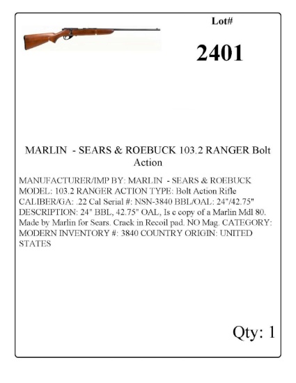 MARLIN  - SEARS & ROEBUCK 103.2 RANGER Bolt Action Rifle