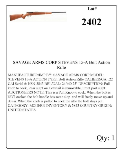 SAVAGE ARMS CORP STEVENS 15-A Bolt Action Rifle