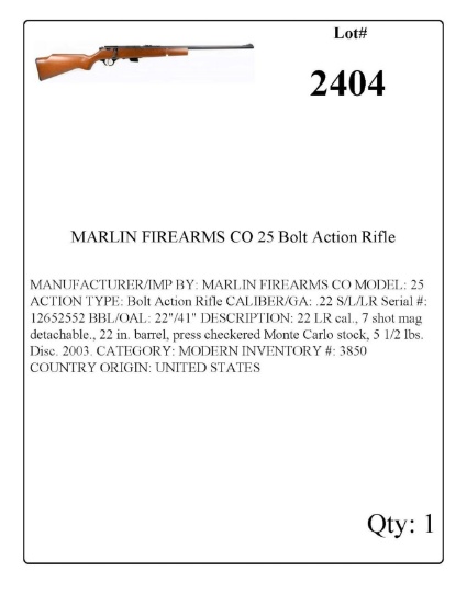 MARLIN FIREARMS CO 25 Bolt Action Rifle