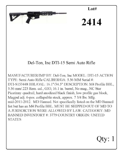 Del-Ton, Inc DTI-15 Semi Auto Rifle. NO MARYLAND BIDDERS. FIREARM IS ON BANNED LIST IN MD BY MDSP