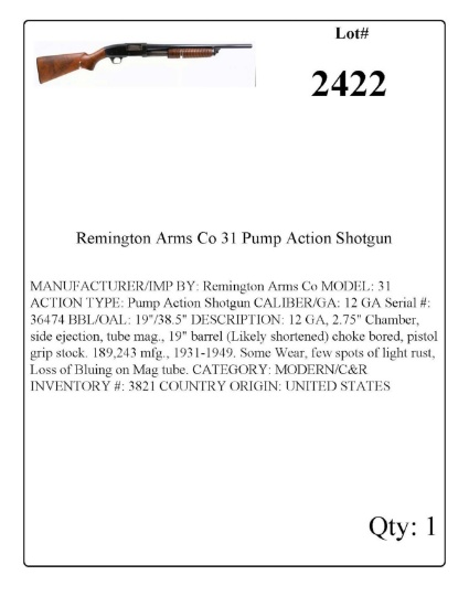 Remington Arms Co 31 Pump Action Shotgun