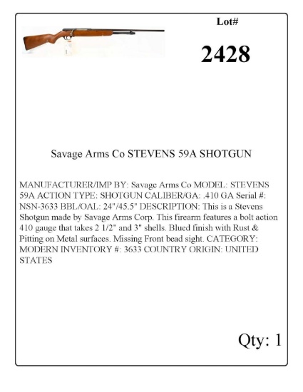 Savage Arms Co Stevens Mdl 59A Bolt Action Shotgun