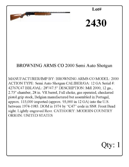 BROWNING ARMS CO 2000 Semi Auto Shotgun 12 GA