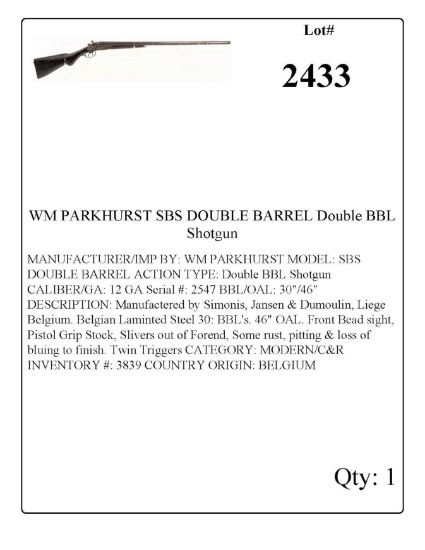 WM PARKHURST SBS DOUBLE BARREL Double BBL Shotgun