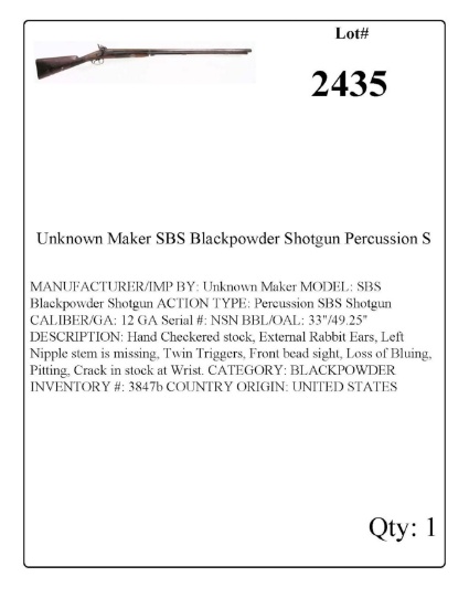 Unknown Maker SBS Blackpowder Shotgun Percussion Shotgun