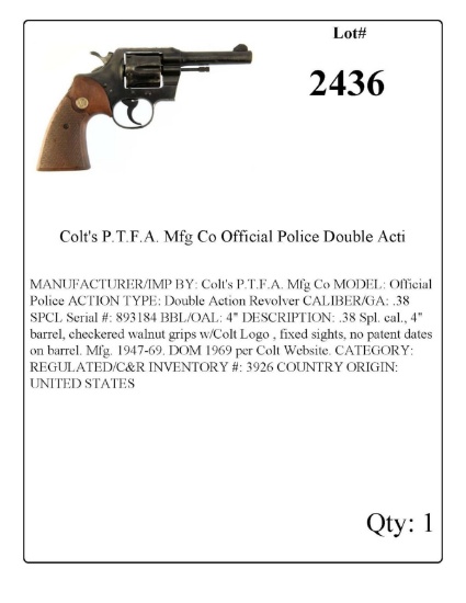 Colt's P.T.F.A. Mfg Co Official Police Double Action Revolver