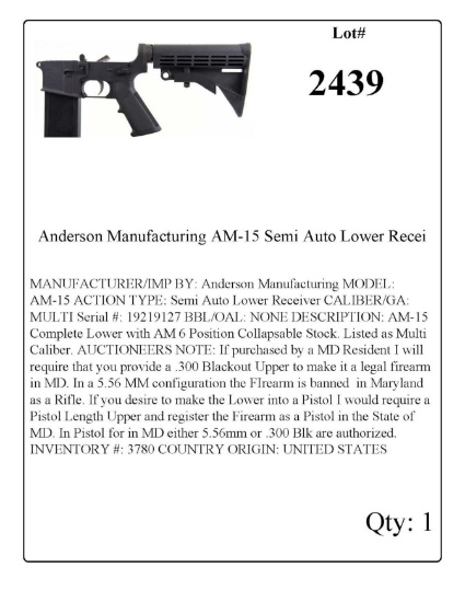Anderson Manufacturing AM-15 Semi Auto Lower Receiver