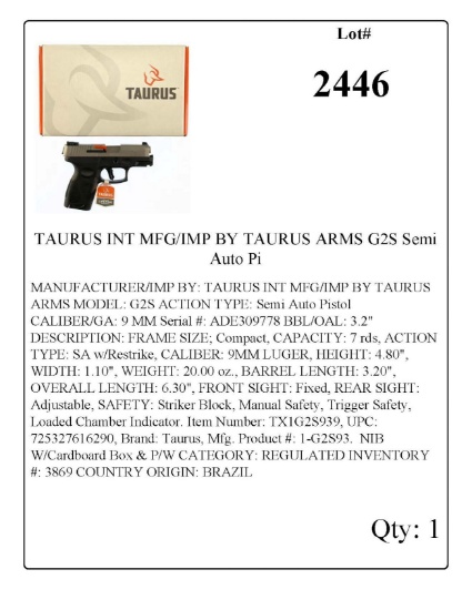 TAURUS INT MFG/IMP BY TAURUS ARMS G2S Semi Auto Pistol
