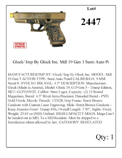 Glock/ Imp By Glock Inc. Mdl 19 Gen 3 Semi Auto Pistol