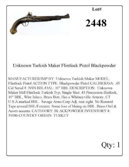 Unknown Turkish Maker Flintlock Blackpowder Pistol