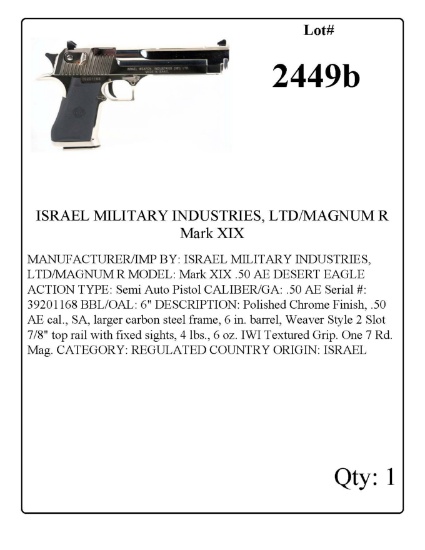 ISRAEL MILITARY INDUSTRIES, LTD/MAGNUM R Mark XIX .50 AE
