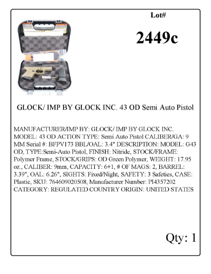 GLOCK/ IMP BY GLOCK INC. 43 OD Semi Auto Pistol 9 MM