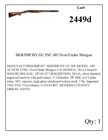 SKB/IMP BY GU INC 685 Over/Under Shotgun 28 GA