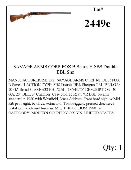 SAVAGE ARMS CORP FOX B Series H SBS Double BBL Shotgun 20 GA