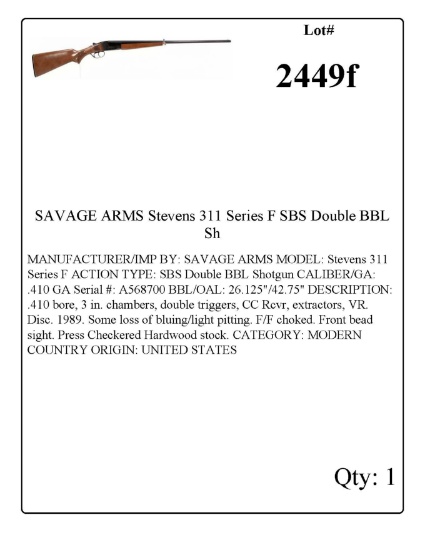 SAVAGE ARMS Stevens 311 Series F SBS Double BBL Shotgun .410 GA