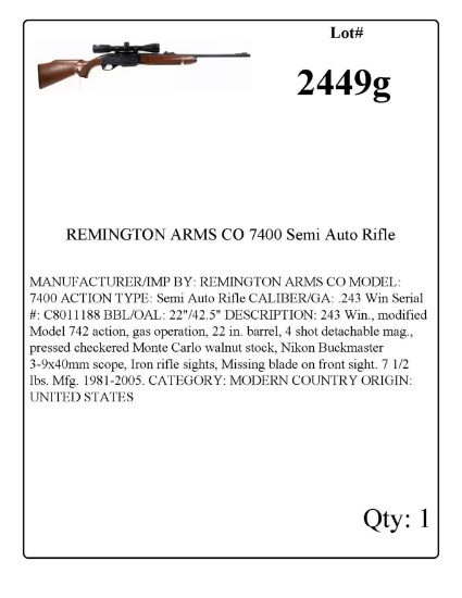 REMINGTON ARMS CO 7400 Semi Auto Rifle .243 Win