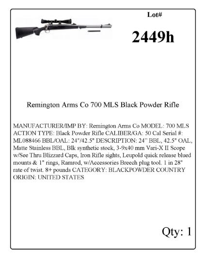 Remington Arms Co 700 MLS Black Powder Rifle .50 Cal