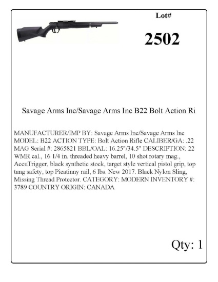 Savage Arms Inc/Savage Arms Inc B22 Bolt Action Rifle