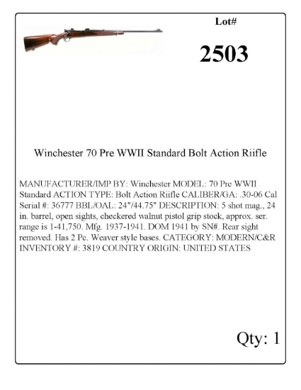Winchester 70 Pre WWII Standard Bolt Action Rifle