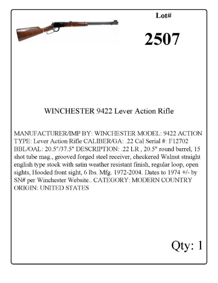WINCHESTER 9422 Lever Action Rifle .22 Cal