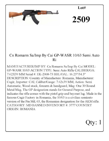 CN Romarm/Imp CAI GP-WASR 10/63 (AK-47) SAR. NO MD BIDDERS. FIREARM IS ON BANNED LIST IN MD BY MDSP