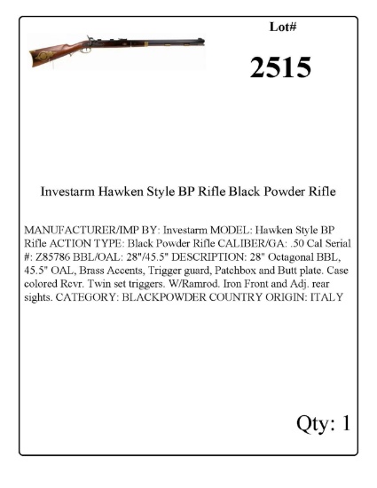 Investarm Hawken Style BP Rifle Black Powder Rifle .50 Cal
