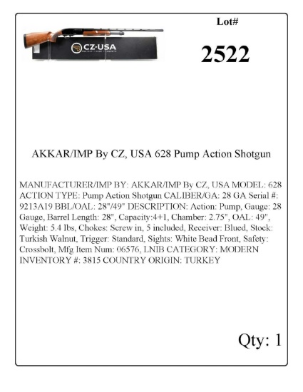 AKKAR/IMP By CZ, USA 628 Pump Action Shotgun